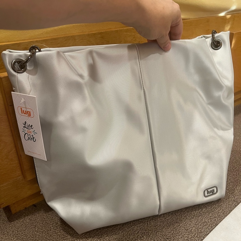 LUG Plunge Satin Luxe VL Carry-All Crossbody Bag- Metallic Silver NWT